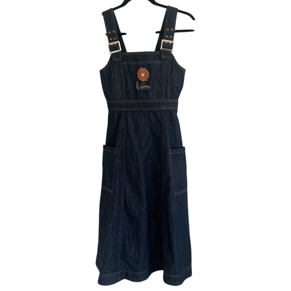 Denim Midi Pinafore Dress with Floral Appliqué - Dark Blue